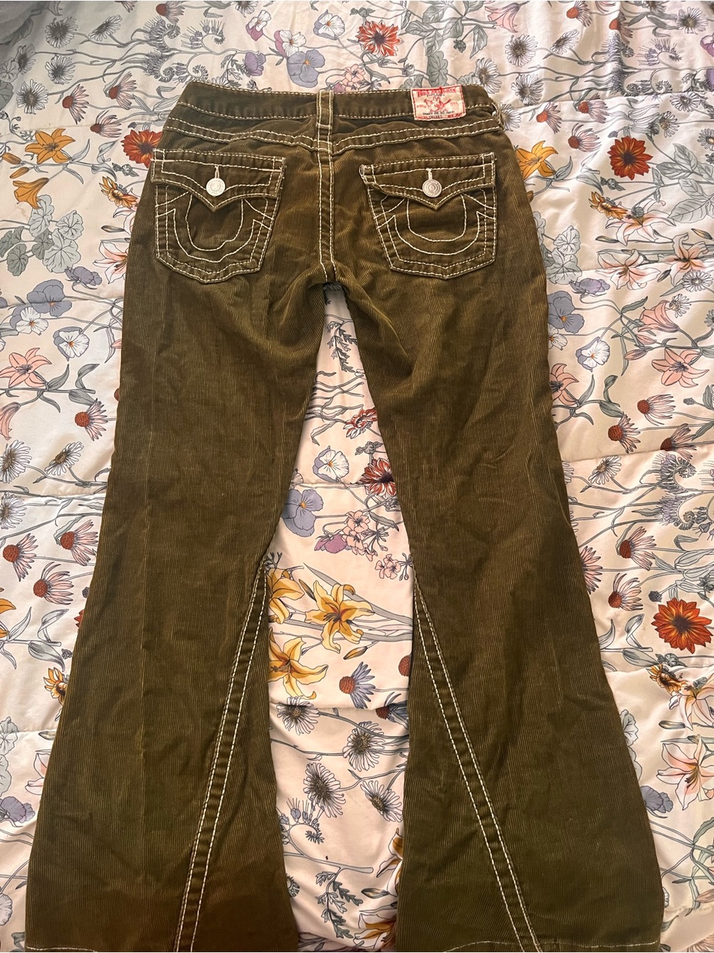 True Religion Olive Green Corduroy Flare Jeans - Picture 3 of 5